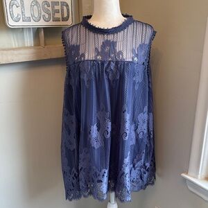 Skylar & Jade Floral Lace Overlay Tank Top in Slate Blue NWT